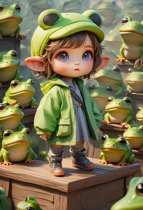 a cute chibi girl wearing a frog hat,standing on a podium,surrounded by an army of cute frogs,extremely detailed,4k,8k,highres,masterpiece:1.2,ultra-detailed,realistic,photorealistic,photo-realistic:1.37,digital painting,highly detailed,intricate details,v...