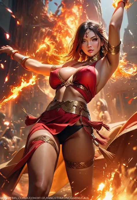 {best quality,4K,8k,highres,masterpiece:1.2),ultra-detailed,(realistic,photorealistic,photo-realistic、looking at the camera}、{Chinese、Dancer、Very large breasts、Covered nipples、extremely detailed eyes and face}、Flaming background、(Has a fire element、There a...