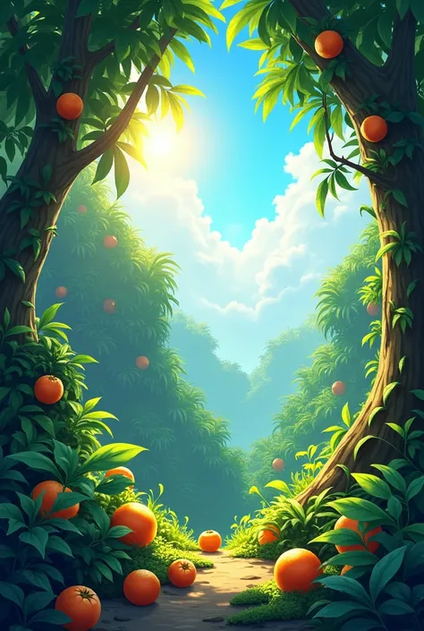 Illustration of a rainforest, lightens, with tangerines, Blue and sunny skies, lightrays, 
showing the floor,  playful and , no animals