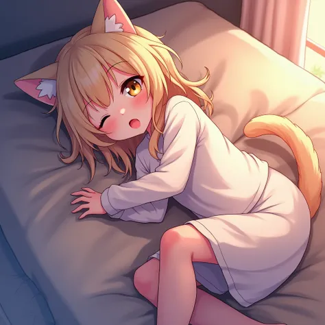 Cat_girl, Hide one eye with bangs、Sleep on your back, Deep eye contact, shy smile, From above,(Browsing Caution:0.55), ((chestが平らな, Flat Stomach, Baby Face)), (Vibrant colors), chest, Masturbation, shy