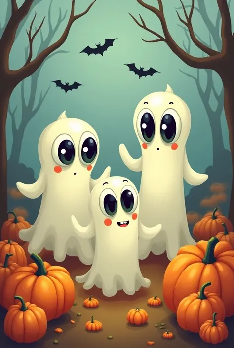 Create a steamless design with ghosts that have big googly eyes.The ghosts are in a pumpkin patch.Bats fly in the background 