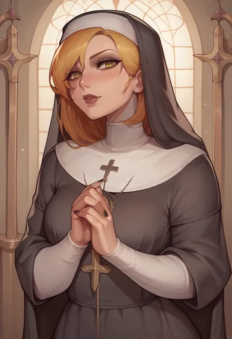 girl, nun, visual novel character, black sexy overcoat, golden details, gothic theme, medieval,