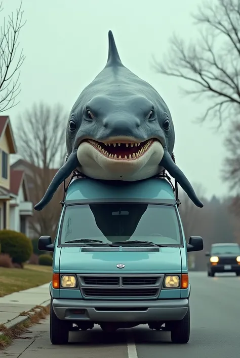 Photorealistic image of a disembodied whale head strapped to the top of a mini-van