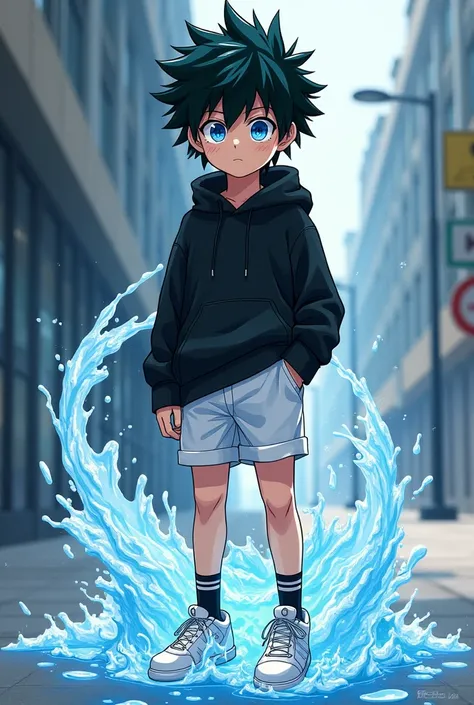 Anime boy in the style of My hero academia, who has black hair, blue colored eyes, black sweatshirt, shorts brancos, Black and White Socks, sapatos brancos, and with water powers 