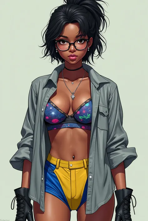 1girl dark skin, small breasts, wears thick-framed glasses that highlight her facial features, with short hair, ponytail and gray, silver shirt, Underneath the shirt she wears another tight sports bra, with details in vibrant colors reminiscent of the star...