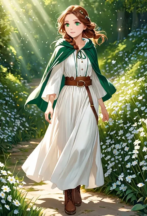 She has long, wavy chestnut hair tied into a loose braid adorned with small, delicate flowers, emerald green eyes that sparkle with curiosity, and wears a simple yet elegant white linen dress with a fitted bodice and flowing skirt, cinched at the waist wit...