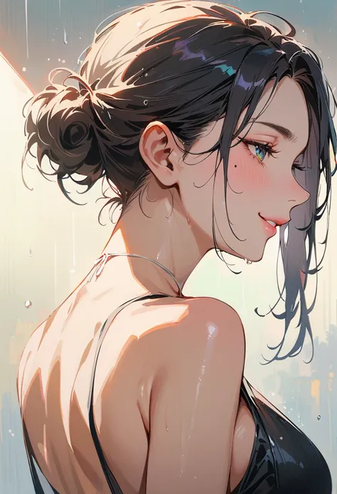 (masterpiece, best quality:1.4), 1 girl, 独奏, Heterochromia, Delicate pupils, Blurred eyes, Close your left eye, Smile, Profile,Tilt your head back 45 degrees, Right tear mole, (Black hair:1.2),  Shiny hairstyle, large breasts, Mini Girls, Backlight, Rainy ...