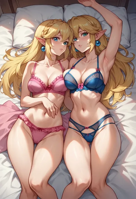 Princess Peach in pink lingerie, Princess Zelda in blue lingerie, the dark magician in lingerie, the three of them lying on a bed in different sexy positions 