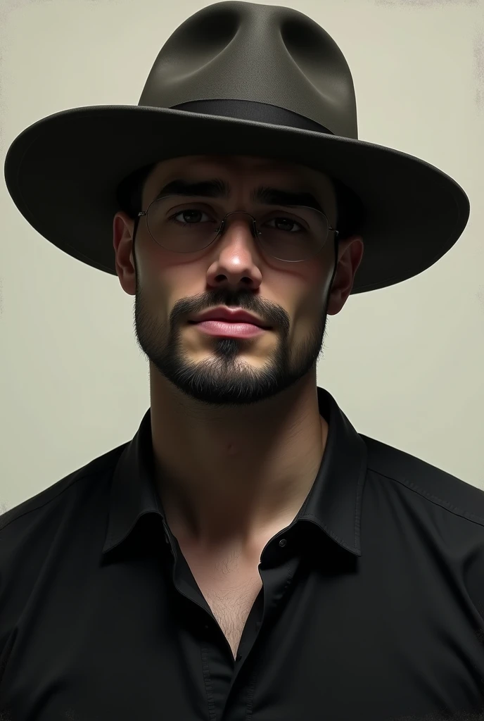 Drawing of a man with a square face, goatee and sideways smile. He is wearing a black shirt and a Panama hat covering his eyes with his head down.