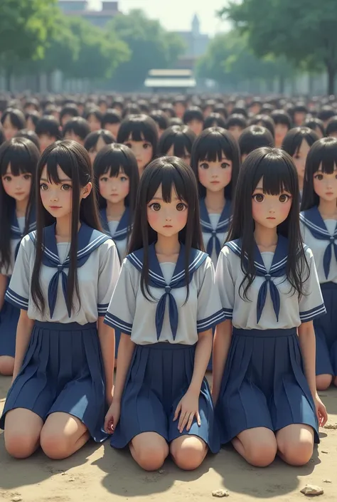 2000 Asian girls with long hair wearing long tights and realistic school uniform taking group photo on knees