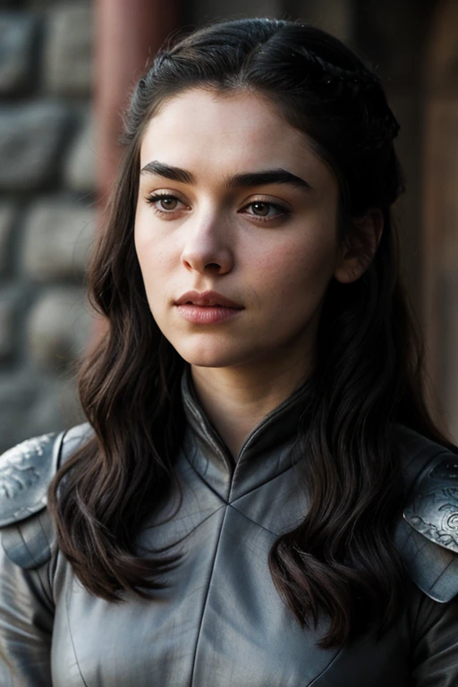 Layde stark game of thrones beautiful face, big eyebrows long straight wavy black hair gray eyes wearing a red dress 