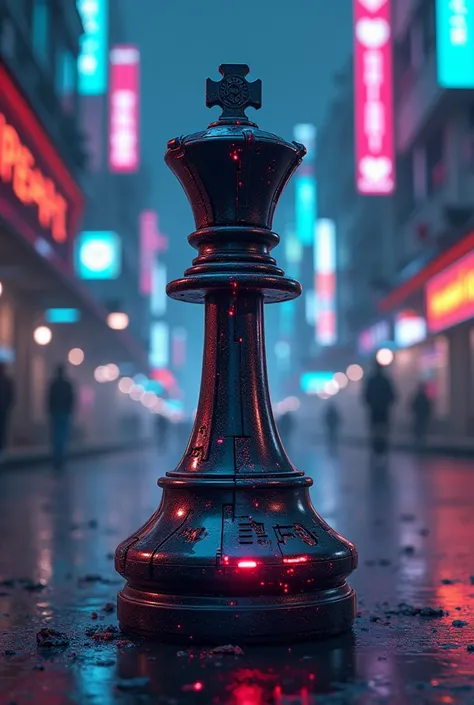 Create a symbol of a Chess Club Called King of the Table Originating from an NGO in a peripheral city, with a Cyberpunk style.