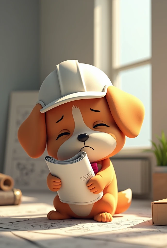 make a generate a puppy in animated format from tiktok that is extremely depressed and exhausted because he studies architecture. HE HAS TO BE SAD AND IT SHOULD BE NOTICED THAT HE IS A DEPRESSED ARCHITECT, with an architect&#39;s helmet and some plans that...