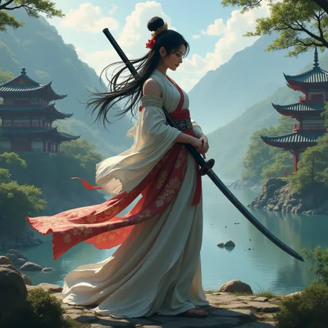 Princess with a katana in a realistic Japanese landscape 