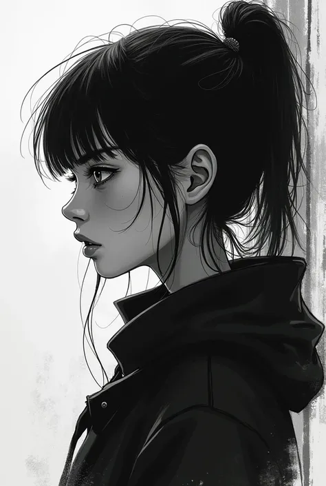 a black and white drawing of a girl, in the style of cyberpunk manga, heavy use of palette knives, dino valls, blink-and-you-miss-it detail, chris samnee, animated gifs, brooding mood --ar 62:121 --stylize 750 --v 6