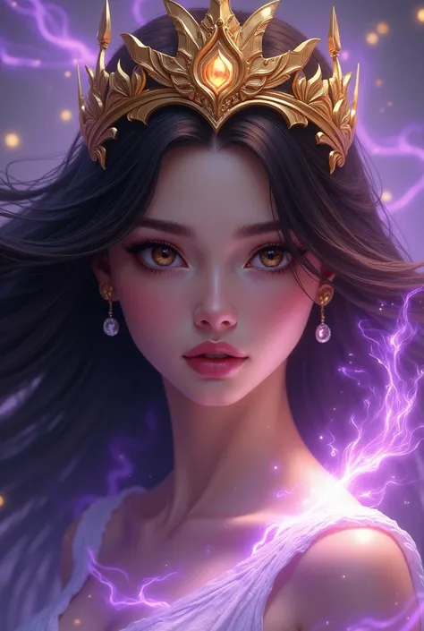 Goddess with crown, dark brown hair, dark brown eyes, White skin, golden and purple aura, close up ,  with magnetisms

