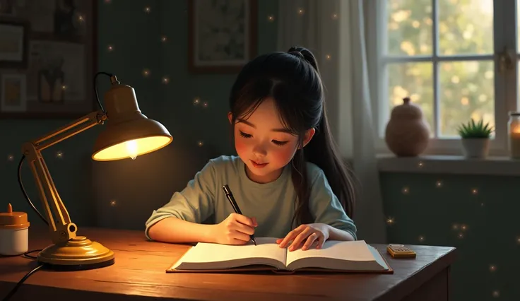 In a cozy, dimly-lit room, a young girl sits at a wooden table, deeply focused on writing notes in her open book. Her surroundings are softly illuminated by the gentle glow of a nearby desk lamp, casting warm, golden light over her. The walls are adorned w...