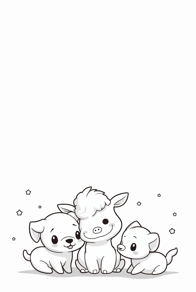 Cute animals to color in line art, white background.
a little dog, A little duck, a goat and a kitten