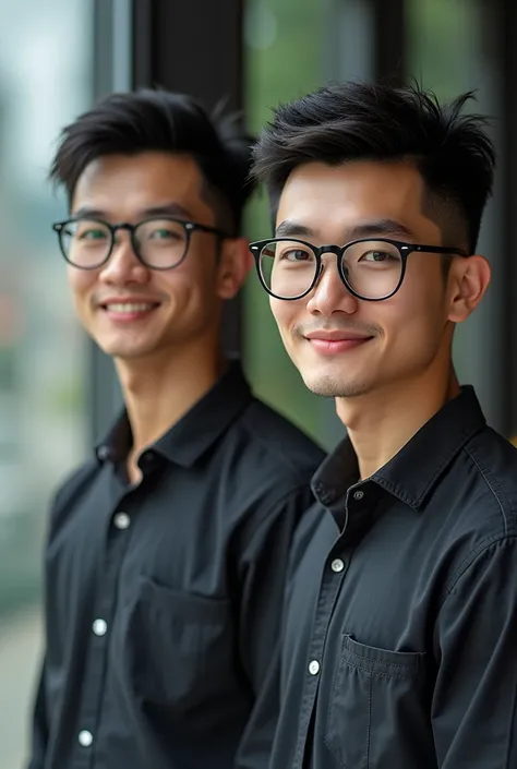 ((Identical twins)), (identical face and body)), ((Asian Male)), ((man only)), ((early 20s)), ((young)), ((Hong Konger)), ((Handsome)), ((wear glasses)), (best quality)), ((realistic)), (details))