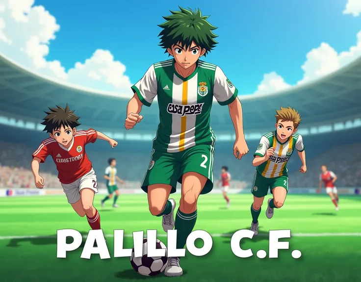 A 3D digital illustration of Tsubasa özora from the animated series. He wears a green and white vertical striped t-shirt and the text "Casa Pepe" appears in bold black letters on the t-shirt. Oliver Aton runs across the soccer field with the ball on his fo...