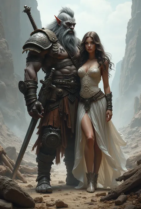 A tall, strong, and stylishly haired Gray Orc Bard with a guitar on his back and a long sword in his hand stands next to a beautiful woman on a war field. 