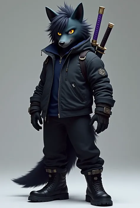 A black anthropomorphic wolf in the style of Sonic with long, short black hair covering the left side of his eye a little and with a slightly large ponytail., with big yellow eyes, with black cold weather blouse with dark blue shirt, black pants and black ...