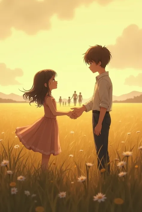 Boy saying goodbye to a girl with his family far away in a field