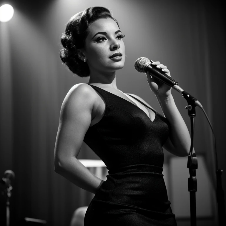 Dramatic black and white portrait photography of a woman jazz singer, 1950s, shallow depth of field, film noir aesthetic, single spotlight, microphone in focus, wearing a glamorous tight little black dress, grainy texture