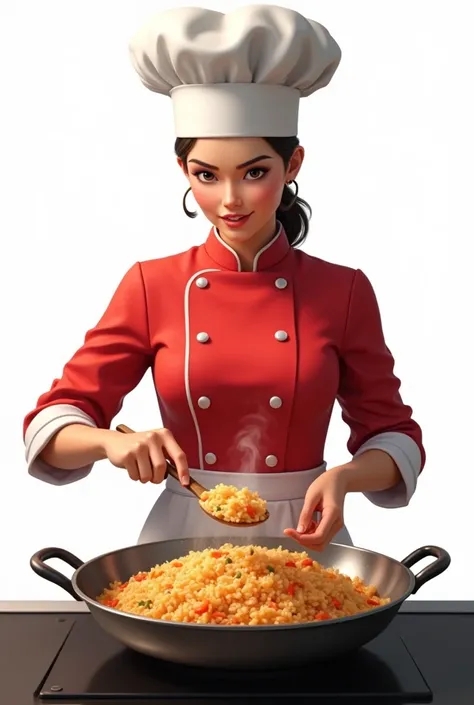 Create a realistic female chef who is stirring fried rice a big pan. and wears a red chefs shirt and chefs hat on a white background