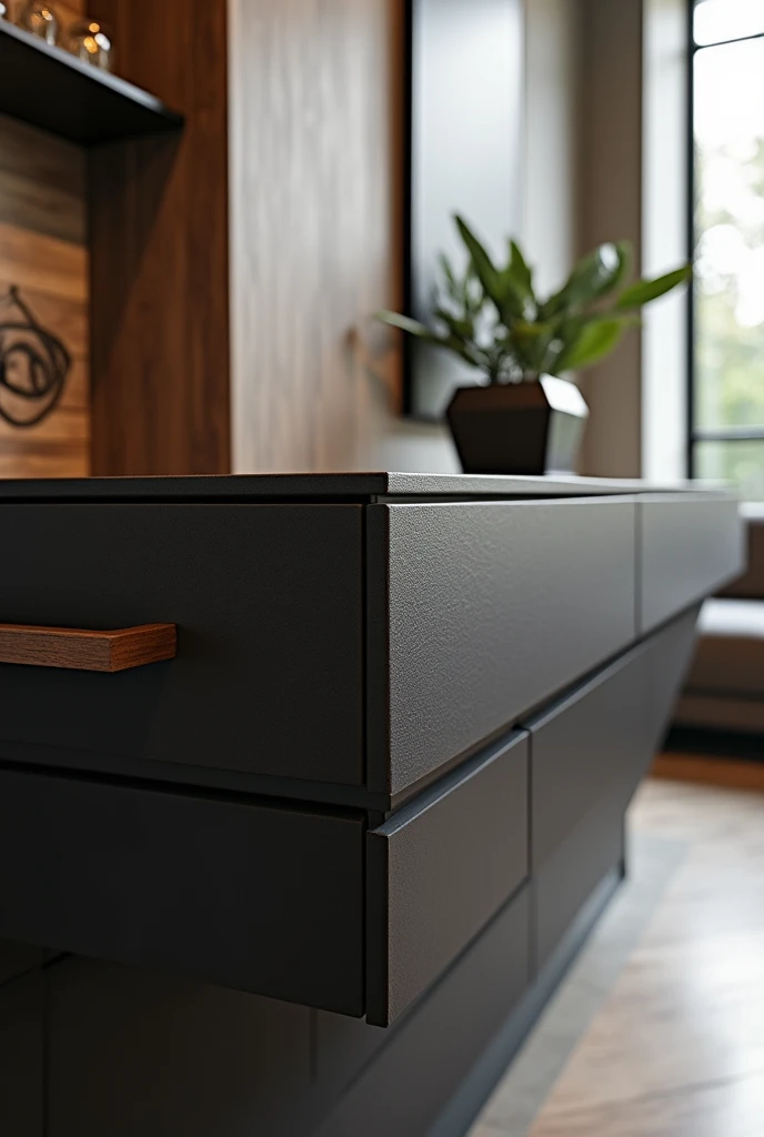 A detail image of exclusive custom furniture in black MDF and wood-effect MDF 