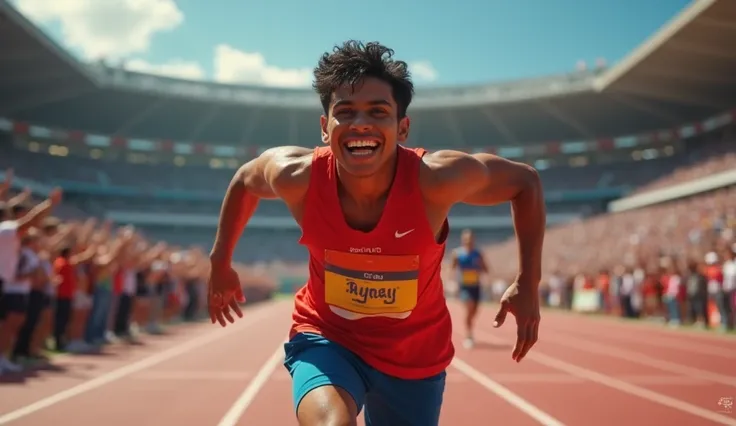 Suraj crossing the finish line, his face lit with joy and relief. The crowd in the stadium erupts in applause. His parents are seen in the background, overwhelmed with emotion. The scene captures the moment of triumph, where Suraj’s hard work and persevera...