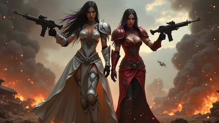 Full body pose sexy sisters of battle from the warhammer 40k, shooting at the enemy, white armor with intricate details, red armor with intricate details, religous symbols on the armor, sisters of battle, warhammer 40k, Massive silicone breast, pale skin, ...