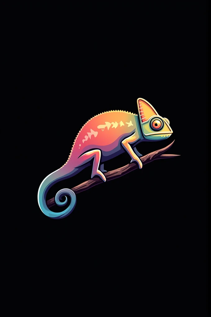 Create a logo for a clothing and accessories store with a chameleon climbing a branch sideways with a black background 