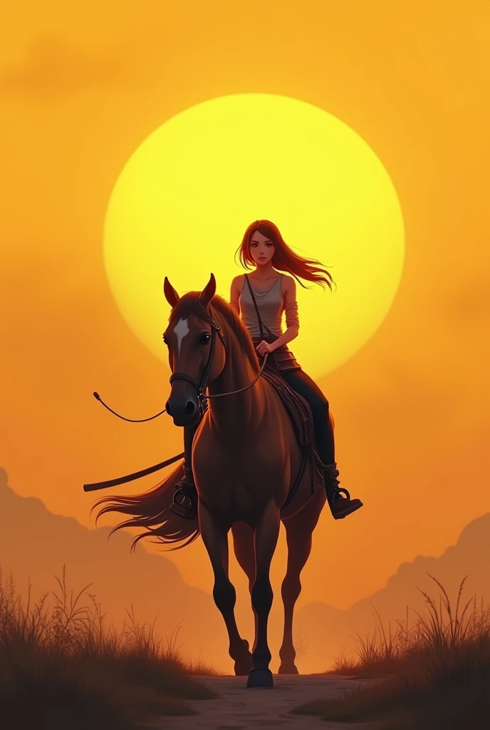 Anime, 2D drawing, warrior women walking behind a horse, bigger yellow sunset scene