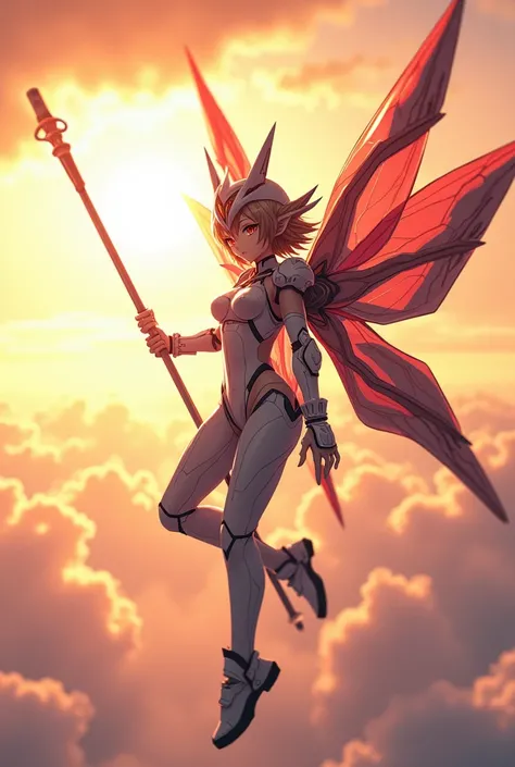 beautiful anime girl, holding staff in right hand, using mecha suit, flying in the sky, using mecha helmet, have 4 mecha butterfly wings, background sun flare