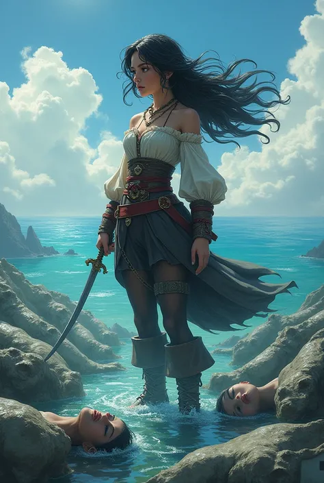 A girl in a pirate costume with black hair and sword in hand and surrounded by mermaid corpses on the surface