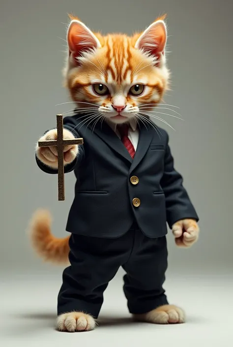 ： A kitten dressed in a formal suit、Standing with angry expression and a cross on his hand