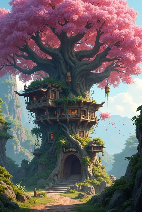 A giant tree in the fry wild that has pink leaves and is a tavern