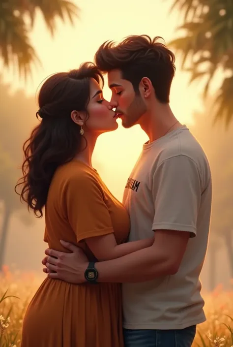 There are two friends normal 
kiss, a man and a woman, the fat womans t-shirt has sejal written on it and the thin mans t-shirt has Shivam written on it 