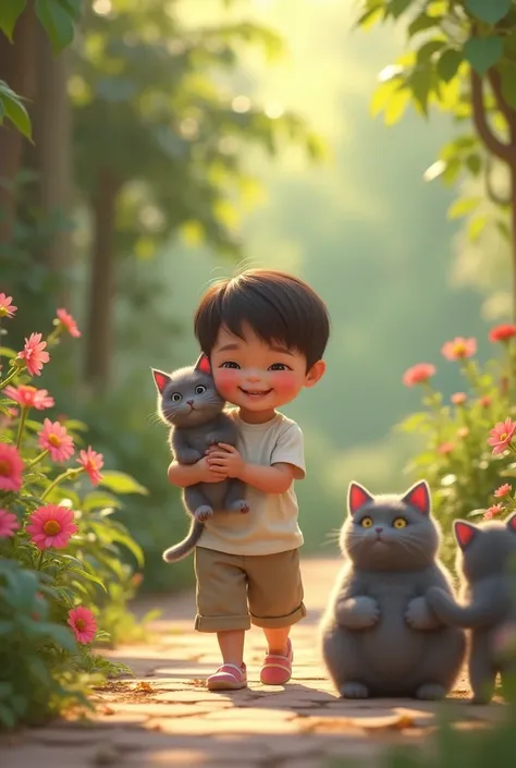 A child holding the kitten tenderly, walking towards a relieved gray chubby cat and his grateful family in the garden.