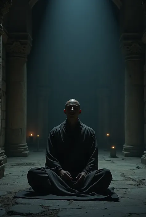 In the dark place, monk is doing meditation