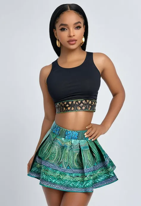 (best high quality:1.5), obra de arte, (8k), extremely detailed, (High details:1.4), Solo, Angolan female, (crop top, micro-skirt),