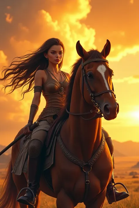 2 warrior women walking behind a horse, detailed anime style, beautiful detailed eyes, beautiful detailed lips, extremely detailed face, flowing hair, dramatic pose, epic yellow sunset landscape, detailed clouds, dramatic lighting, intricate background det...