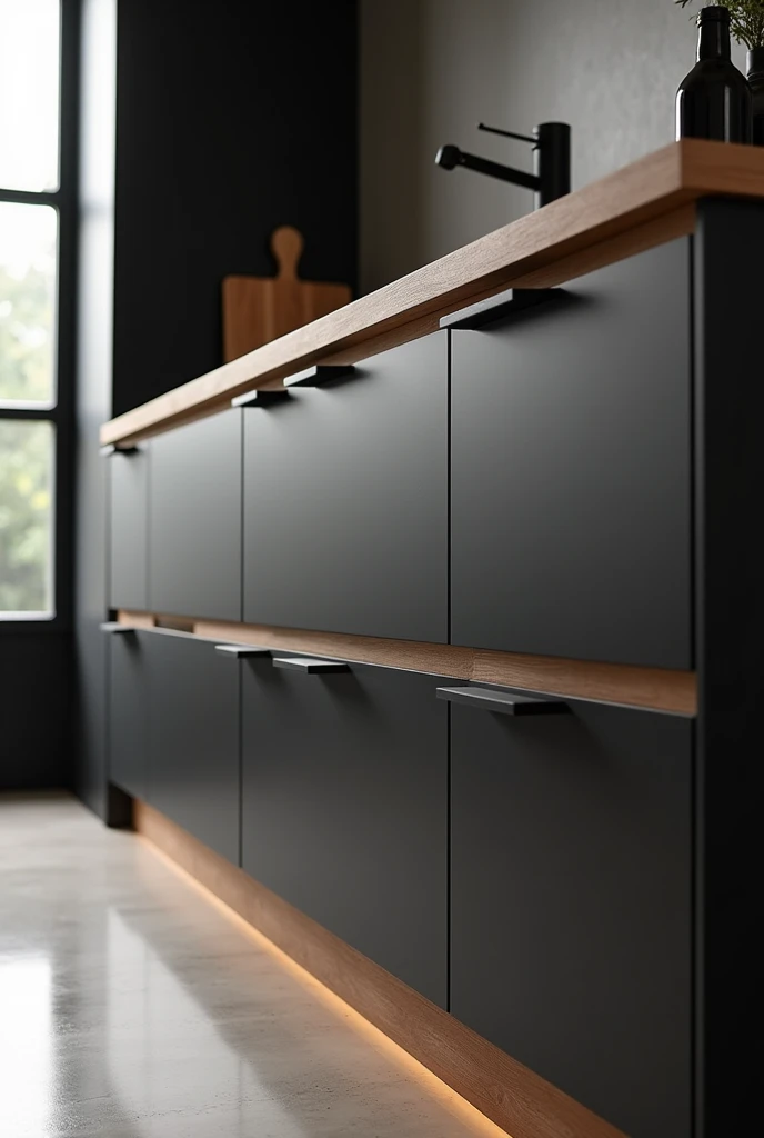 An image of details of exclusive custom-made furniture in black MDF and wood-effect MDF that are well made and represent the notion of minimalism of a kitchen with custom handles and with the furniture not touching the floor. 