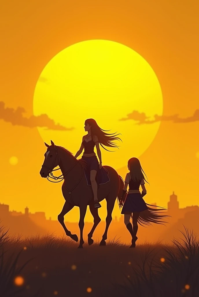 Anime, 2D drawing, warrior women walking behind a horse, bigger yellow sunset scene