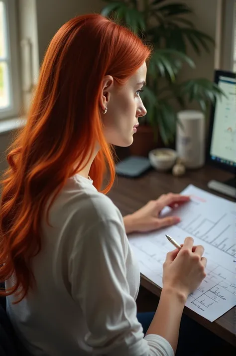 A beautiful redhead , red lengerie ,working on your computer ,growth chart on computer,photo realist, focus on the hand with the computer