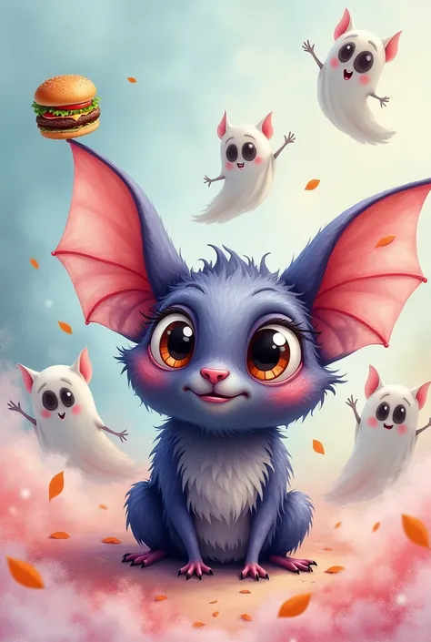 A drawn watercolor bat with big, round eyes .In the background, little ghosts with big, round eyes fly with a hamburger in their hand 