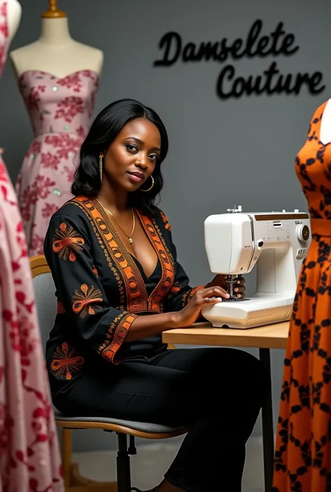 A captivating image of a beautiful dark-skinned African woman sitting behind her machine and sewing on her sewing machine and looking at the camera. She is wearing a black and orange color Ankara top with black jeans and a pair of black Snickers. She is we...