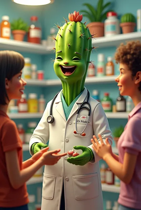 A cactus wearing a pharmacist&#39;s coat in a pharmacy serving happy and smiling 

