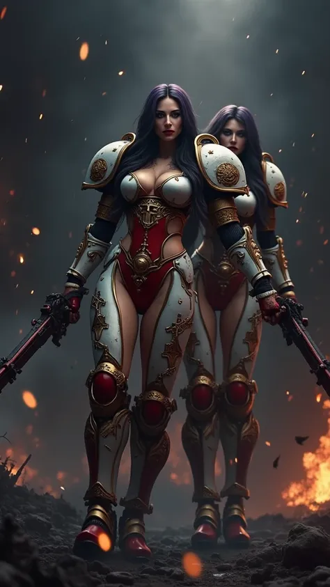 Full body pose sexy sisters of battle from the warhammer 40k, shooting at the enemy, white armor with intricate details, red armor with intricate details, religous symbols on the armor, sisters of battle, warhammer 40k, Massive silicone breast, pale skin, ...